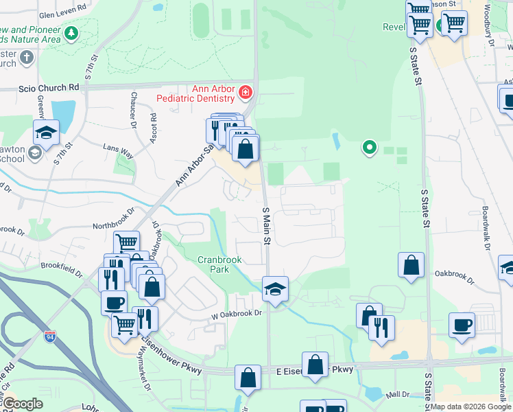map of restaurants, bars, coffee shops, grocery stores, and more near in Ann Arbor