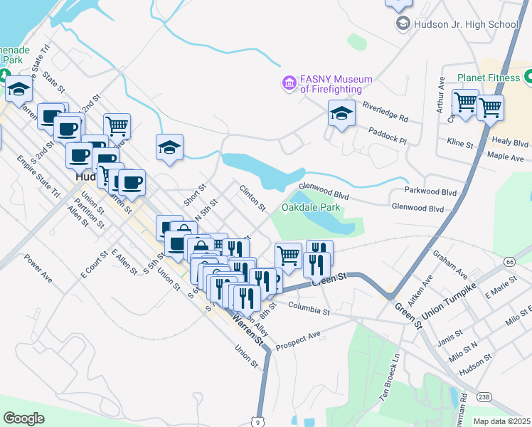 map of restaurants, bars, coffee shops, grocery stores, and more near 167 North 6th Street in Hudson