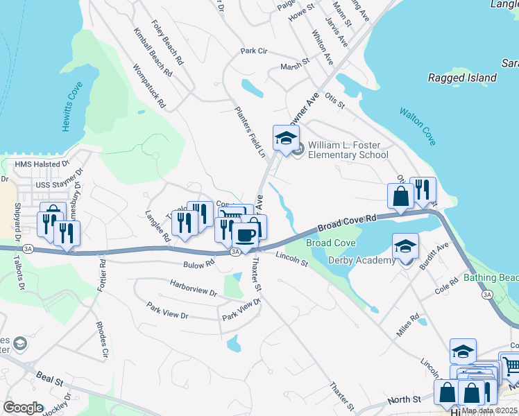 map of restaurants, bars, coffee shops, grocery stores, and more near 55 Downer Avenue in Hingham
