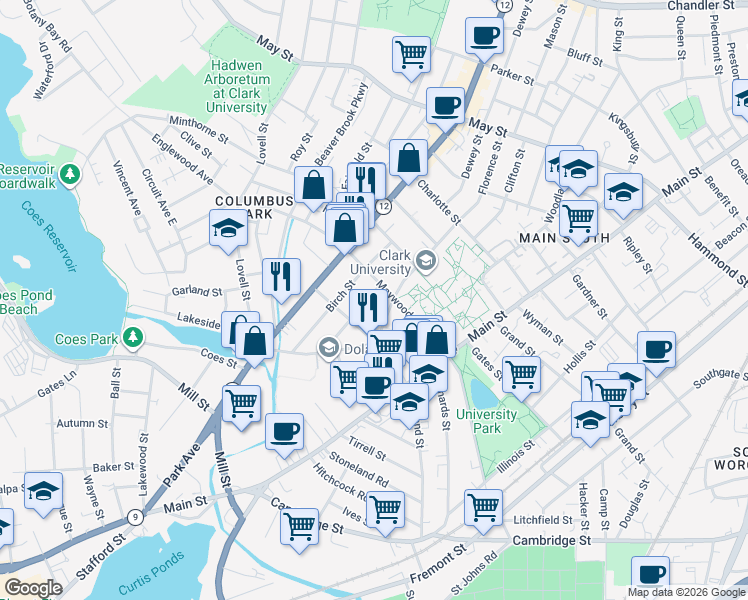 map of restaurants, bars, coffee shops, grocery stores, and more near 11 Oliver Street in Worcester