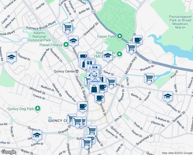 map of restaurants, bars, coffee shops, grocery stores, and more near 63 Hancock Street in Quincy