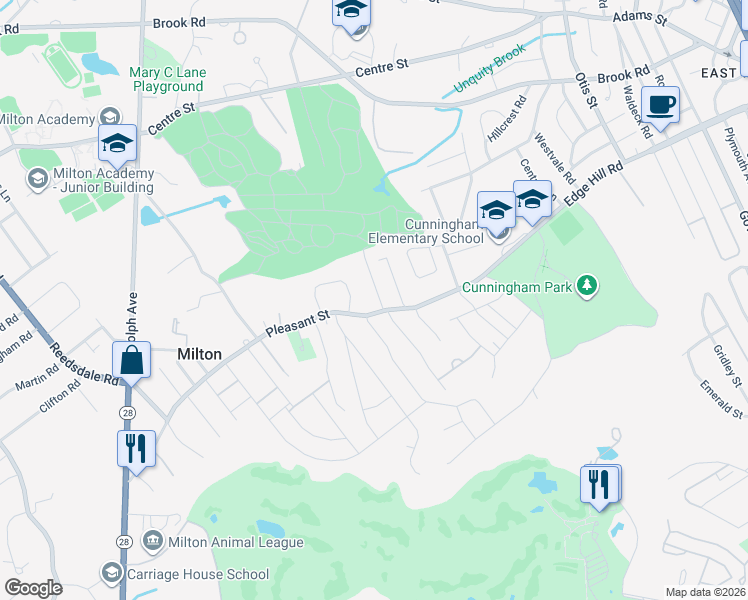 map of restaurants, bars, coffee shops, grocery stores, and more near 10 Bradford Road in Milton