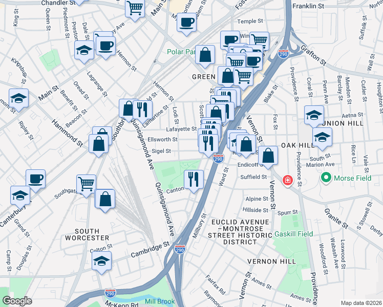 map of restaurants, bars, coffee shops, grocery stores, and more near 45 Endicott Street in Worcester