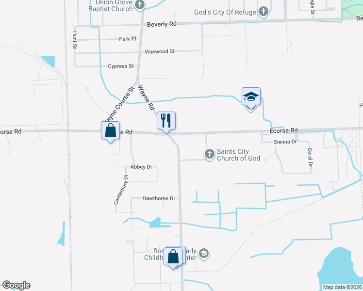 map of restaurants, bars, coffee shops, grocery stores, and more near 7322 Wayne Road in Romulus
