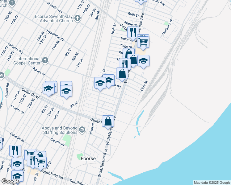 map of restaurants, bars, coffee shops, grocery stores, and more near 19 Salliotte Road in Ecorse