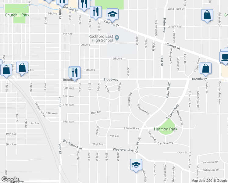 map of restaurants, bars, coffee shops, grocery stores, and more near 2918 Hillside Court in Rockford