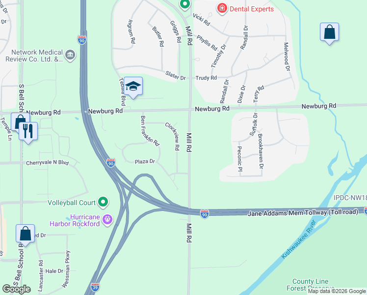 map of restaurants, bars, coffee shops, grocery stores, and more near 8192 Clockview Road in Rockford