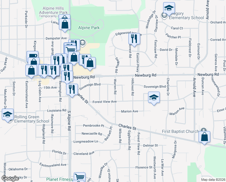 map of restaurants, bars, coffee shops, grocery stores, and more near 4502 Sovereign Boulevard in Rockford