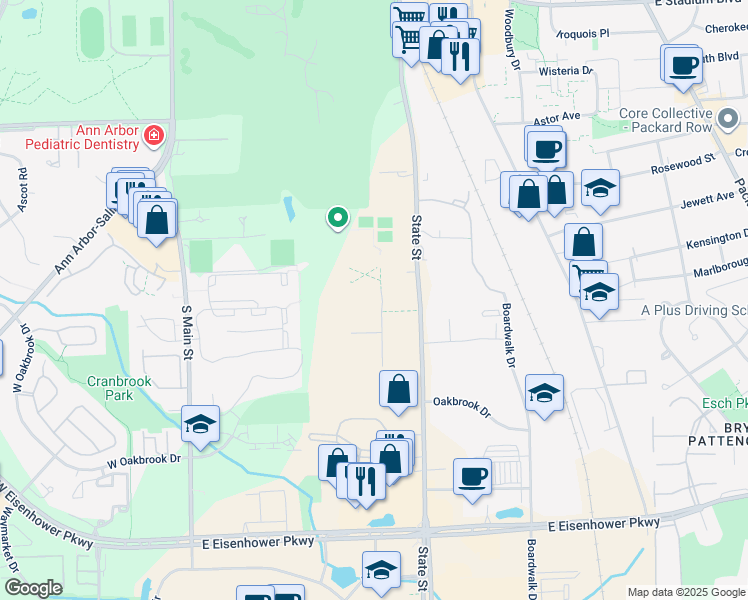 map of restaurants, bars, coffee shops, grocery stores, and more near 2500 South State Street in Ann Arbor