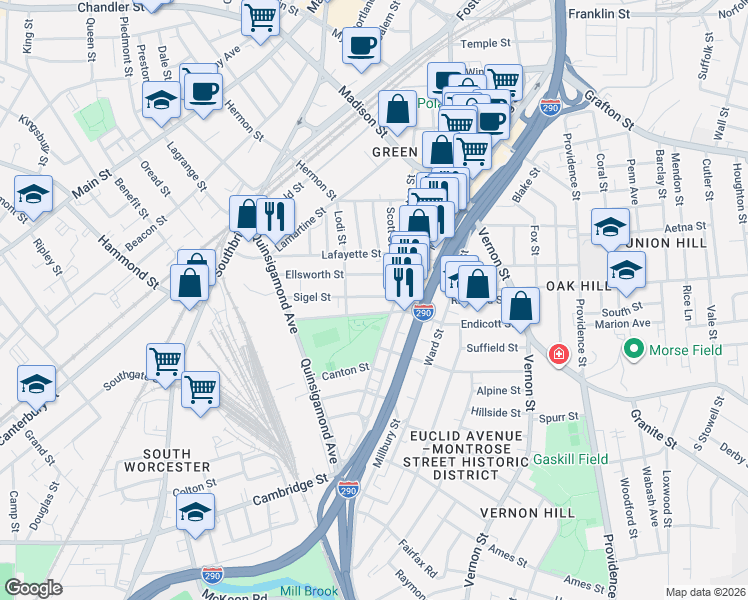 map of restaurants, bars, coffee shops, grocery stores, and more near 13 Sigel Street in Worcester