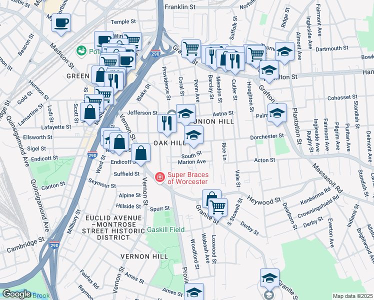 map of restaurants, bars, coffee shops, grocery stores, and more near 82 Dorchester Street in Worcester