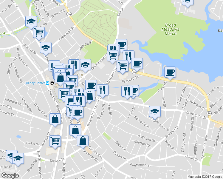 map of restaurants, bars, coffee shops, grocery stores, and more near in Quincy