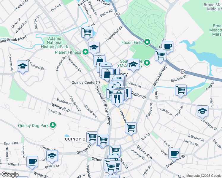 map of restaurants, bars, coffee shops, grocery stores, and more near 1259b Hancock Street in Quincy