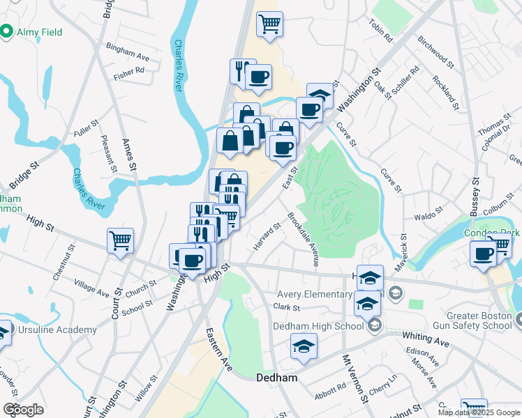 map of restaurants, bars, coffee shops, grocery stores, and more near in Dedham