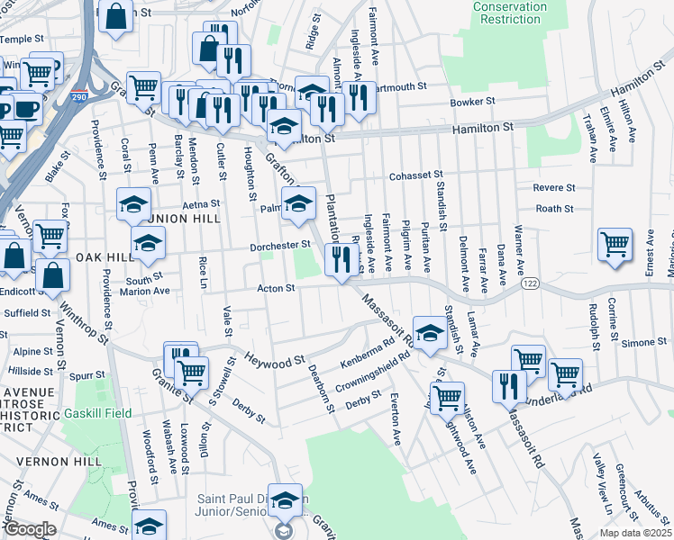 map of restaurants, bars, coffee shops, grocery stores, and more near 23 Rugby Street in Worcester