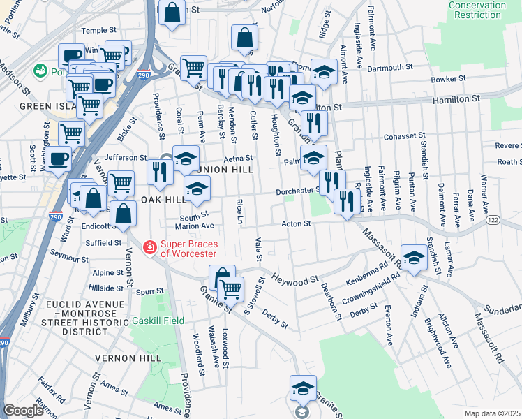 map of restaurants, bars, coffee shops, grocery stores, and more near 127 Dorchester Street in Worcester