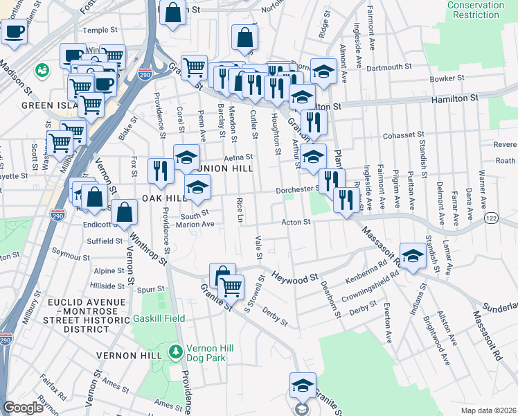 map of restaurants, bars, coffee shops, grocery stores, and more near 127 Dorchester Street in Worcester