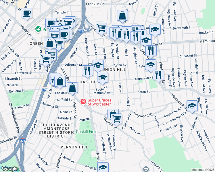 map of restaurants, bars, coffee shops, grocery stores, and more near 96 Dorchester Street in Worcester