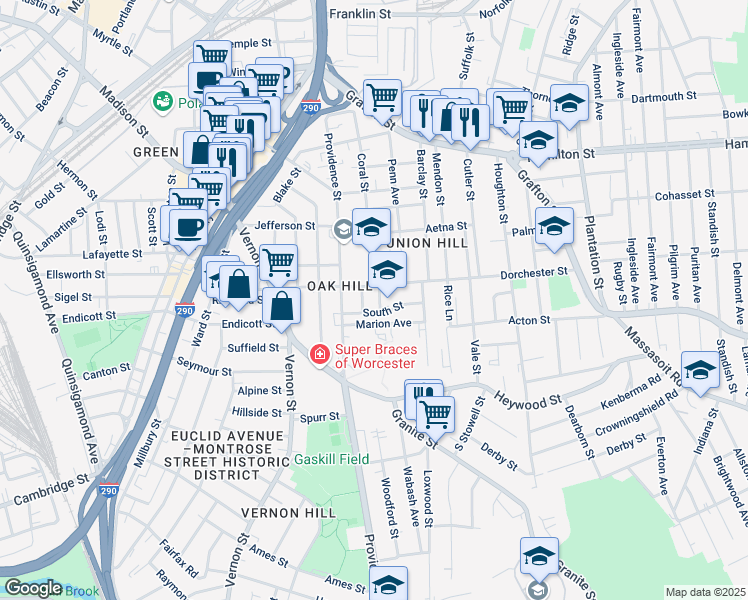 map of restaurants, bars, coffee shops, grocery stores, and more near 82 Dorchester Street in Worcester