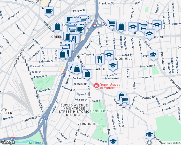 map of restaurants, bars, coffee shops, grocery stores, and more near 47 Dorchester Street in Worcester