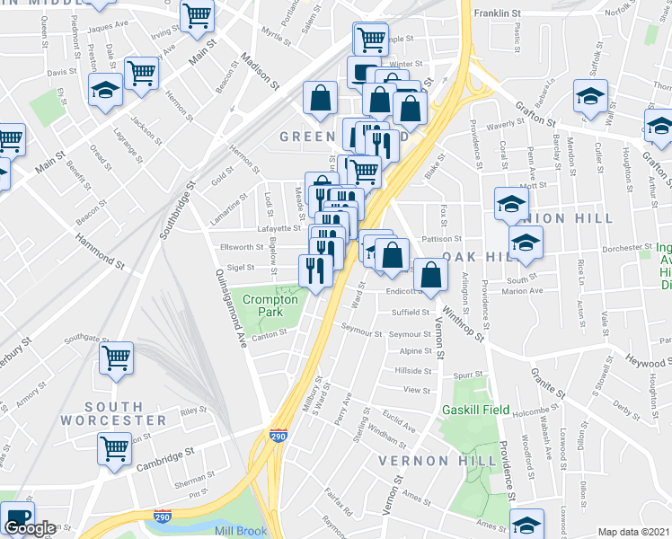 map of restaurants, bars, coffee shops, grocery stores, and more near 117 Millbury Street in Worcester
