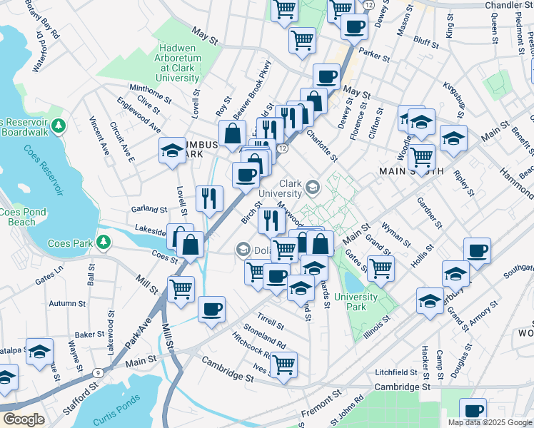 map of restaurants, bars, coffee shops, grocery stores, and more near 36 Birch Street in Worcester