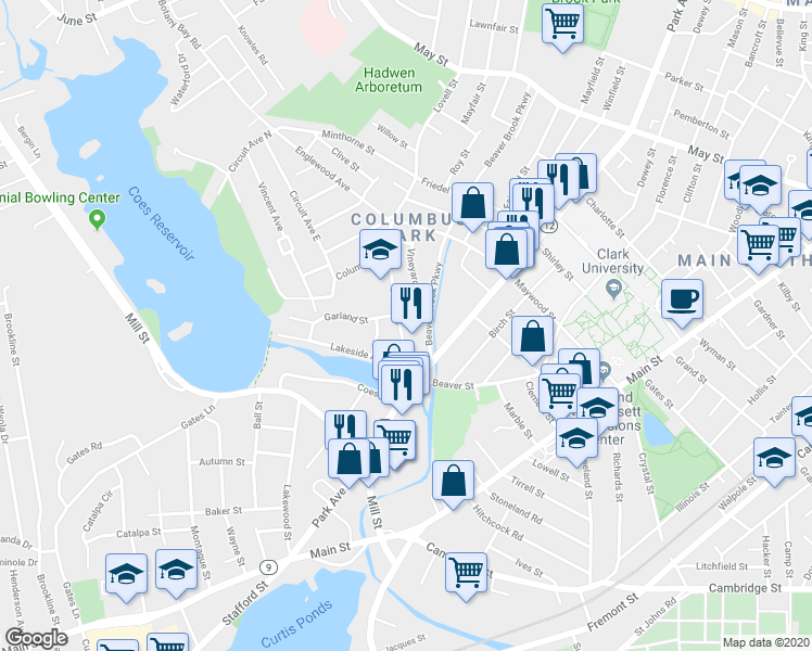 map of restaurants, bars, coffee shops, grocery stores, and more near 76 Lovell Street in Worcester