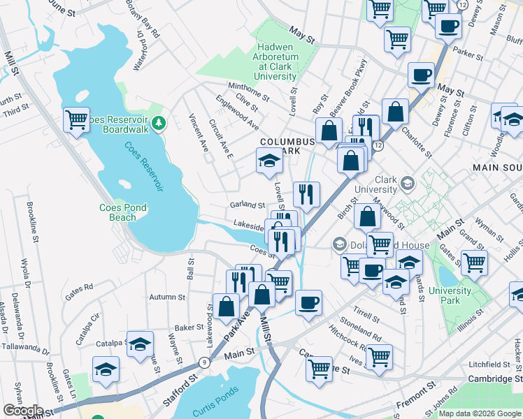 map of restaurants, bars, coffee shops, grocery stores, and more near 5 Garland Street in Worcester