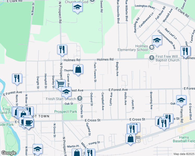 map of restaurants, bars, coffee shops, grocery stores, and more near 739 Campbell Avenue in Ypsilanti