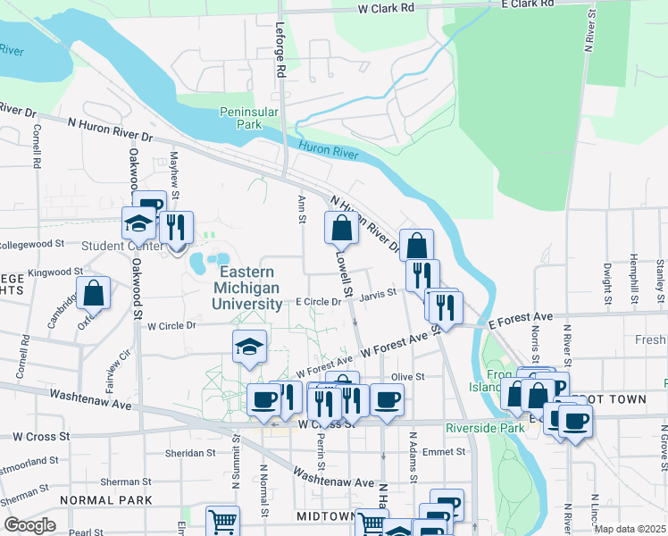 map of restaurants, bars, coffee shops, grocery stores, and more near 504 Saint Johns Street in Ypsilanti