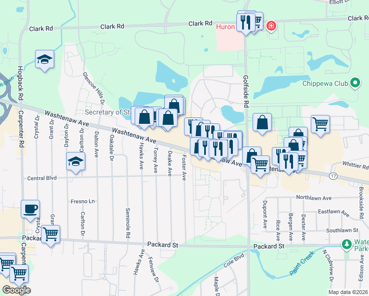 map of restaurants, bars, coffee shops, grocery stores, and more near 4755 Washtenaw Avenue in Ann Arbor