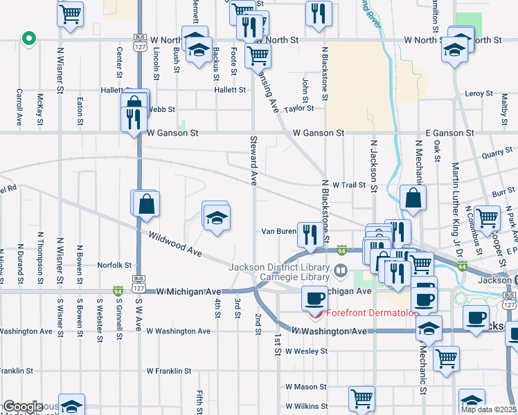 map of restaurants, bars, coffee shops, grocery stores, and more near 408 Demay Court in Jackson