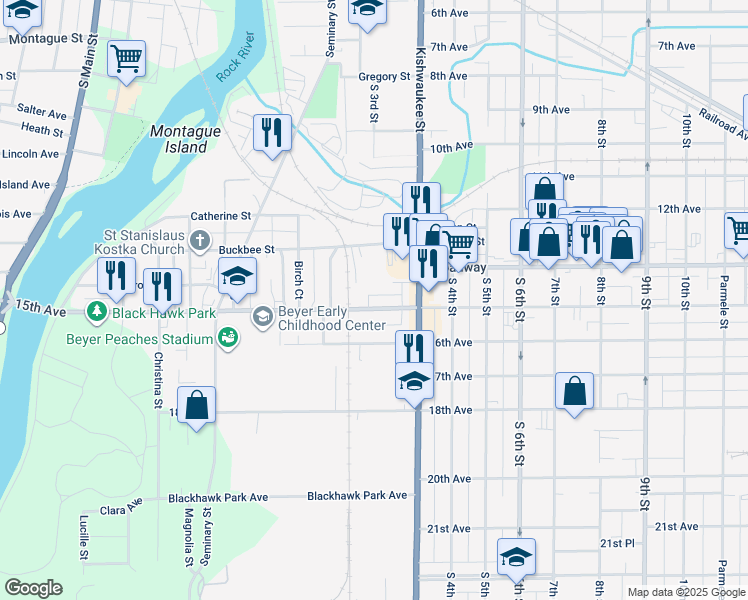 map of restaurants, bars, coffee shops, grocery stores, and more near 1505 Kishwaukee Street in Rockford