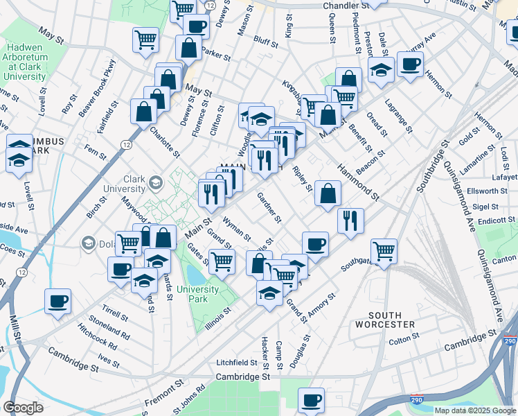 map of restaurants, bars, coffee shops, grocery stores, and more near 3 Gardner Terrace in Worcester