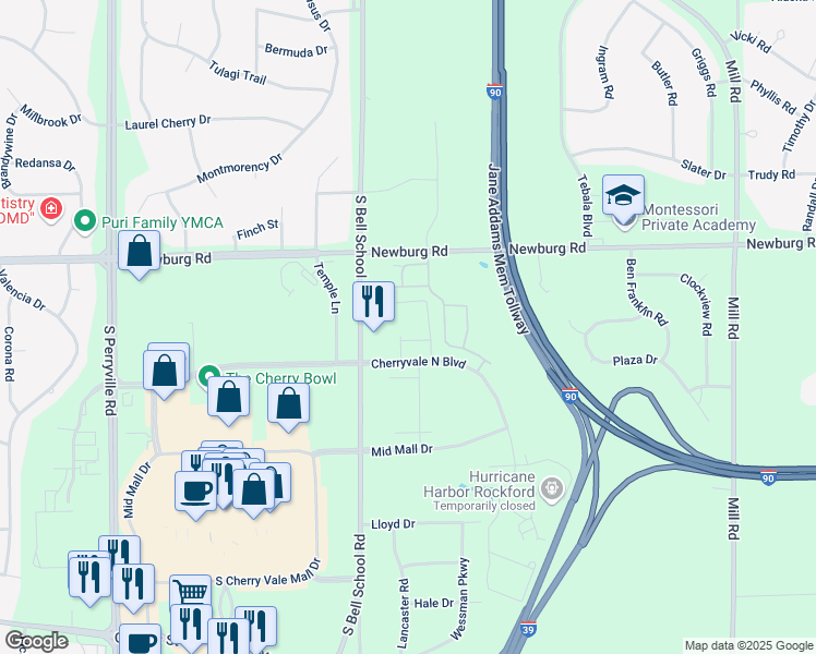 map of restaurants, bars, coffee shops, grocery stores, and more near 7620 N Cherryvale North Boulevard in Cherry Valley