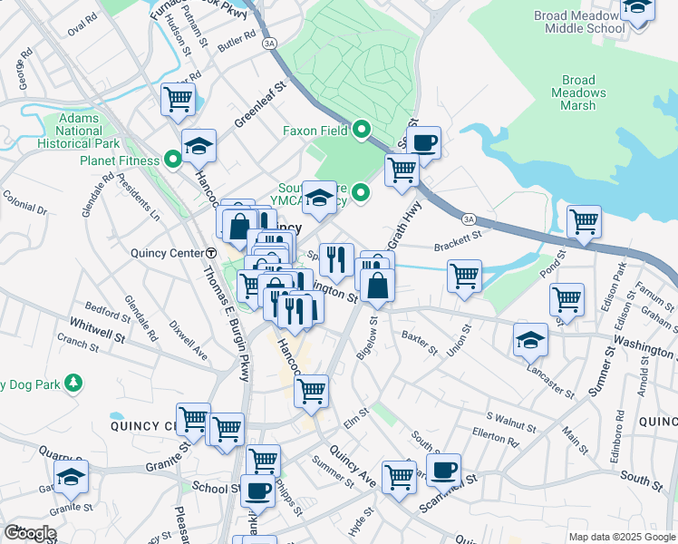 map of restaurants, bars, coffee shops, grocery stores, and more near 47 Spear Street in Quincy