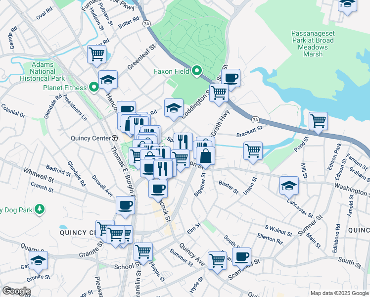 map of restaurants, bars, coffee shops, grocery stores, and more near 47 Spear Street in Quincy