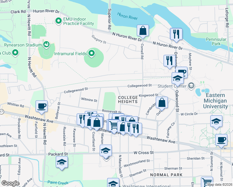 map of restaurants, bars, coffee shops, grocery stores, and more near 836 Mansfield Street in Ypsilanti