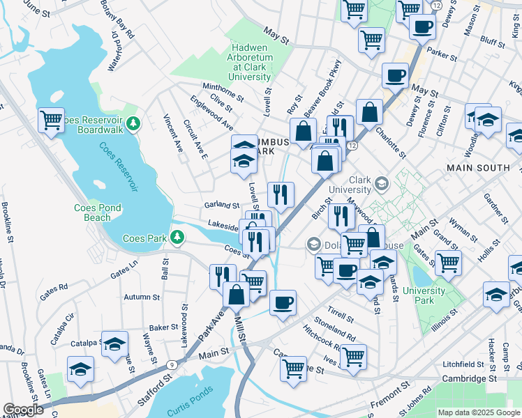 map of restaurants, bars, coffee shops, grocery stores, and more near 66 Lovell Street in Worcester