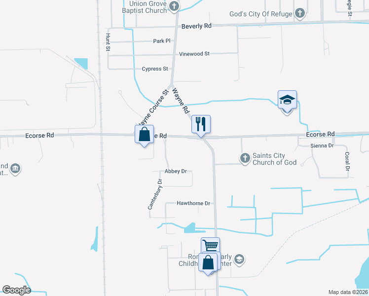 map of restaurants, bars, coffee shops, grocery stores, and more near 7113 Cambridge Drive in Romulus