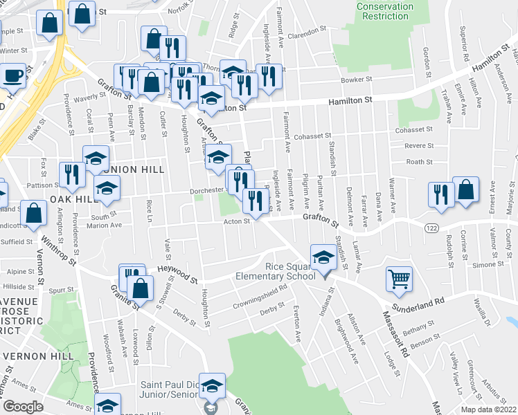 map of restaurants, bars, coffee shops, grocery stores, and more near 2 Plantation Street in Worcester