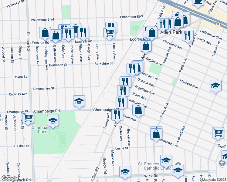 map of restaurants, bars, coffee shops, grocery stores, and more near 16182 Jonas Avenue in Allen Park