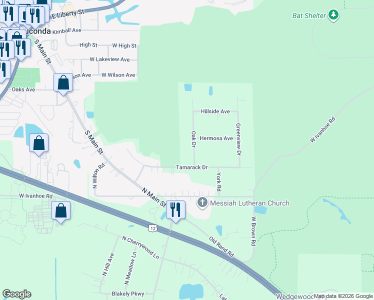 map of restaurants, bars, coffee shops, grocery stores, and more near 26774 Oak Drive in Wauconda