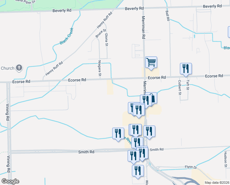 map of restaurants, bars, coffee shops, grocery stores, and more near 31737 Ecorse Road in Romulus