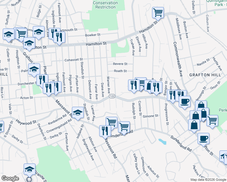 map of restaurants, bars, coffee shops, grocery stores, and more near 23 Inverness Avenue in Worcester
