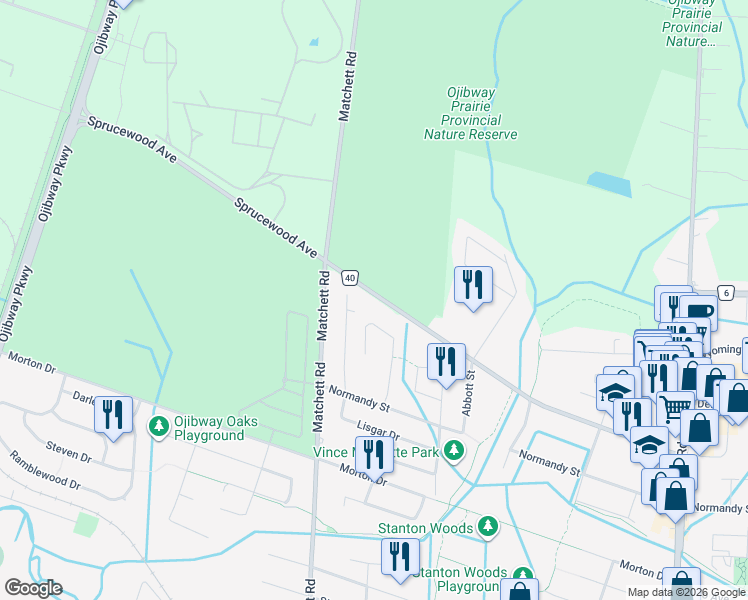 map of restaurants, bars, coffee shops, grocery stores, and more near 1375 Sprucewood Avenue in LaSalle