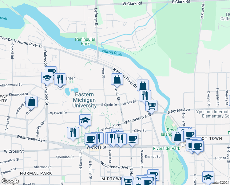 map of restaurants, bars, coffee shops, grocery stores, and more near 504 Saint Johns Street in Ypsilanti