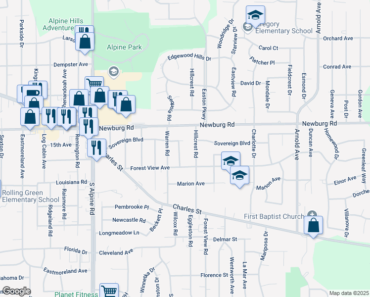 map of restaurants, bars, coffee shops, grocery stores, and more near 1608 Stoddard Street in Rockford