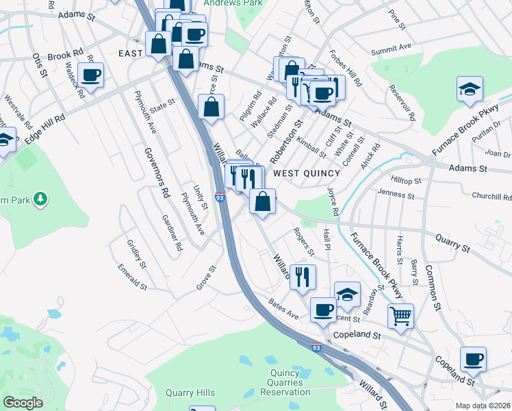 map of restaurants, bars, coffee shops, grocery stores, and more near 114 Willard Street in Quincy