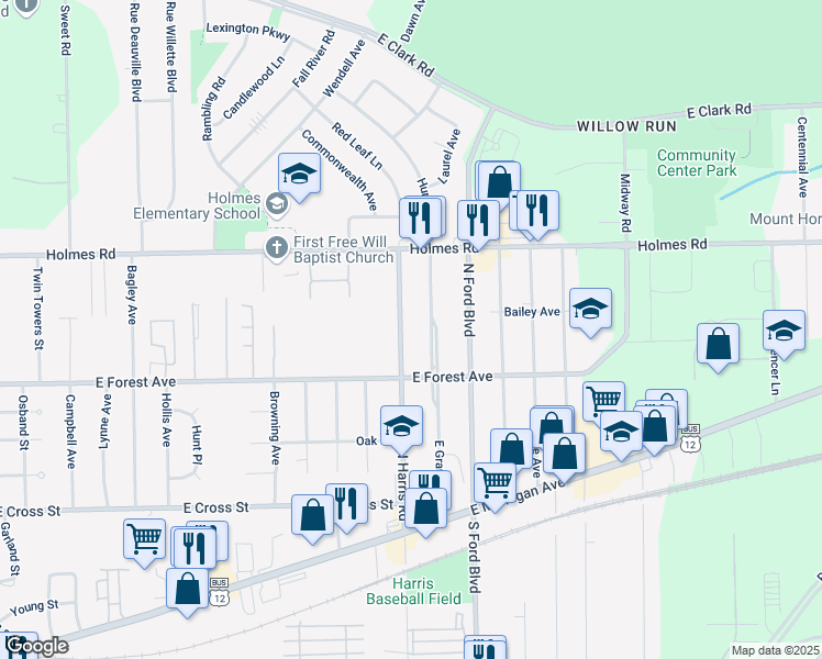map of restaurants, bars, coffee shops, grocery stores, and more near 800 North Harris Road in Ypsilanti